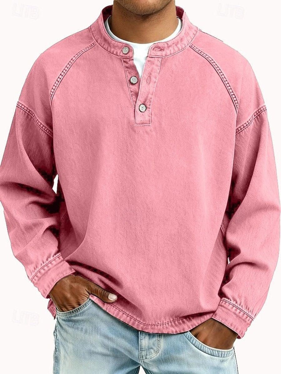 Men's Retro Washed Henley Long-Sleeve Pullover Sweater
