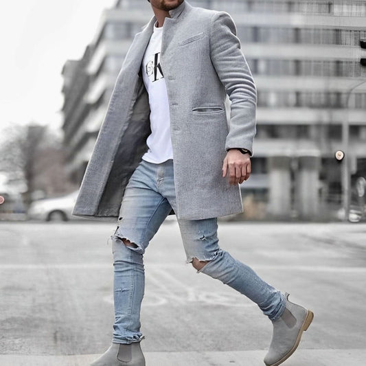 Men's Wool Slim-Fit Overcoat with Stand Collar – Mid-Length