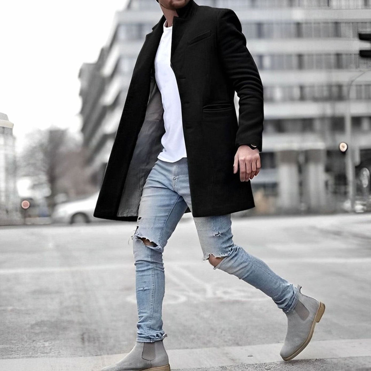 Men's Wool Slim-Fit Overcoat with Stand Collar – Mid-Length