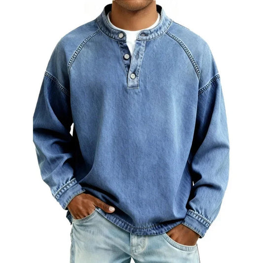 Men's Vintage Washed Denim-Look Pullover Jumper