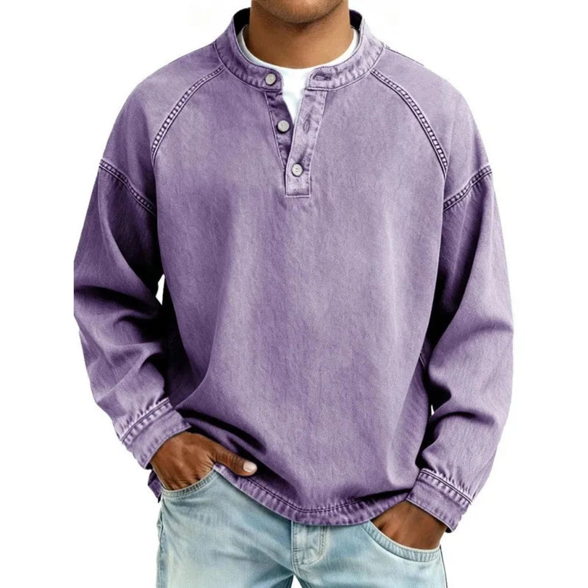 Men's Vintage Washed Denim-Look Pullover Jumper