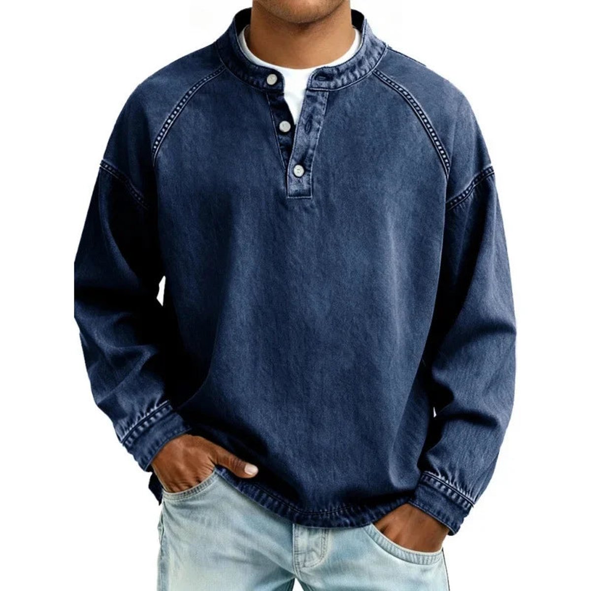 Men's Vintage Washed Denim-Look Pullover Jumper