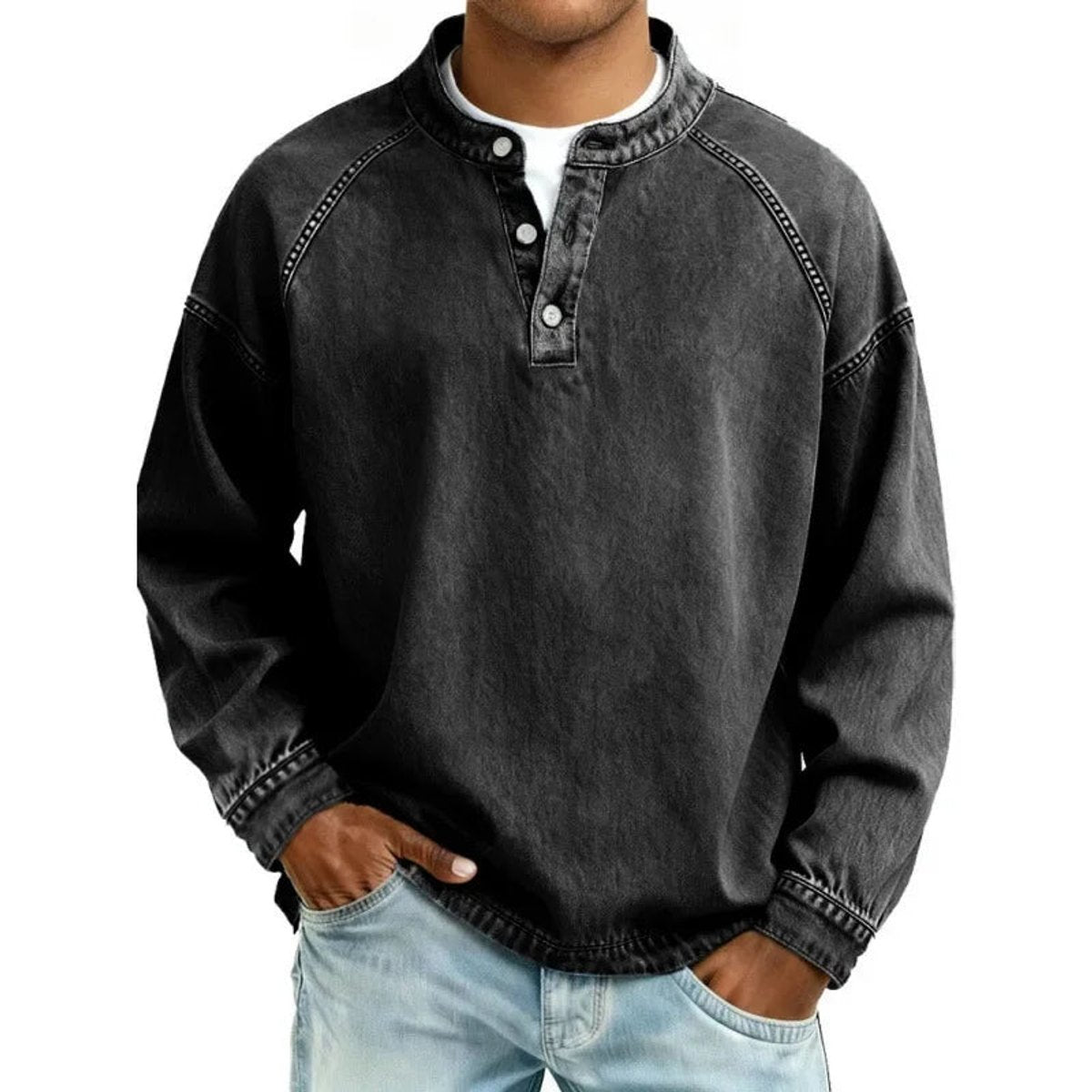 Men's Vintage Washed Denim-Look Pullover Jumper