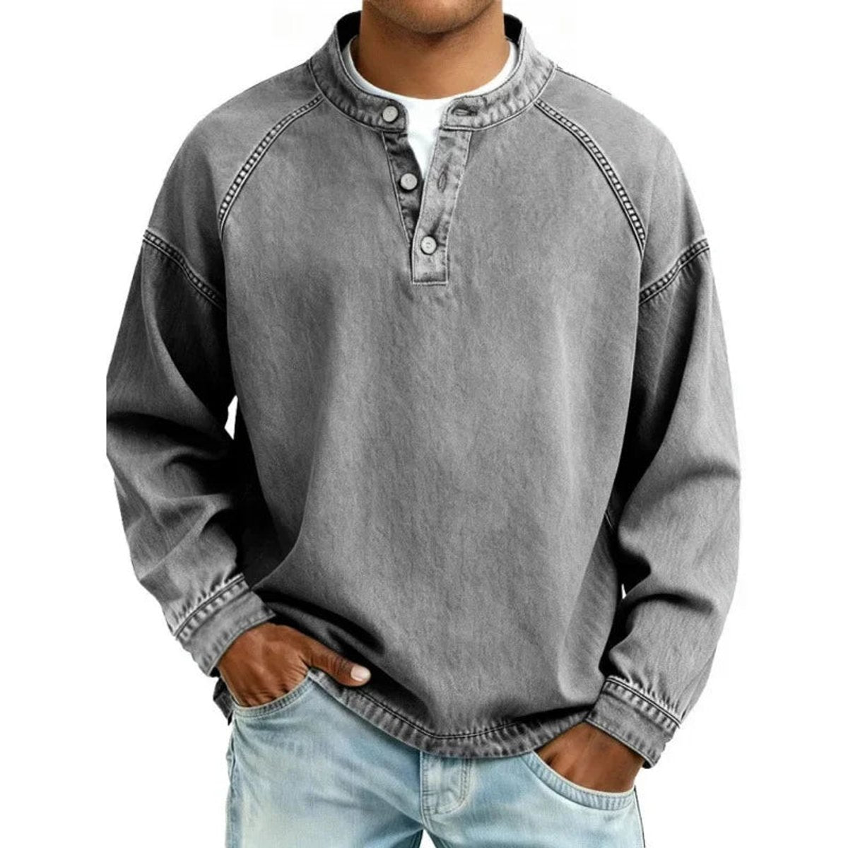 Men's Vintage Washed Denim-Look Pullover Jumper