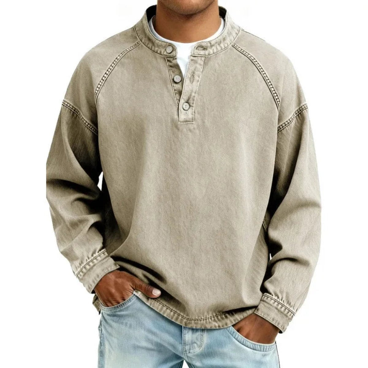 Men's Vintage Washed Denim-Look Pullover Jumper