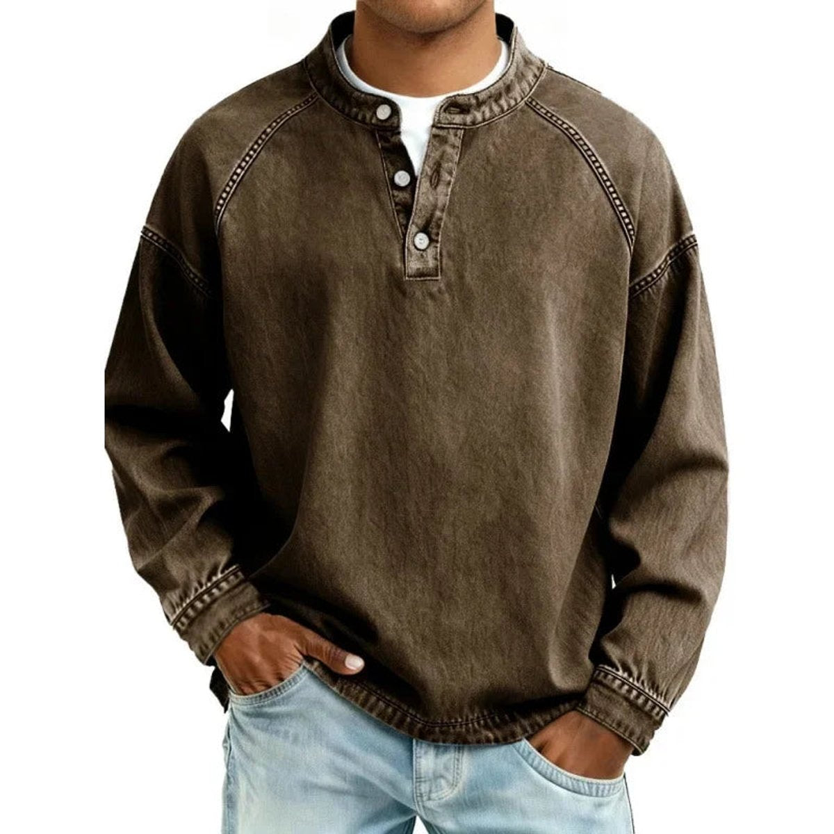 Men's Vintage Washed Denim-Look Pullover Jumper