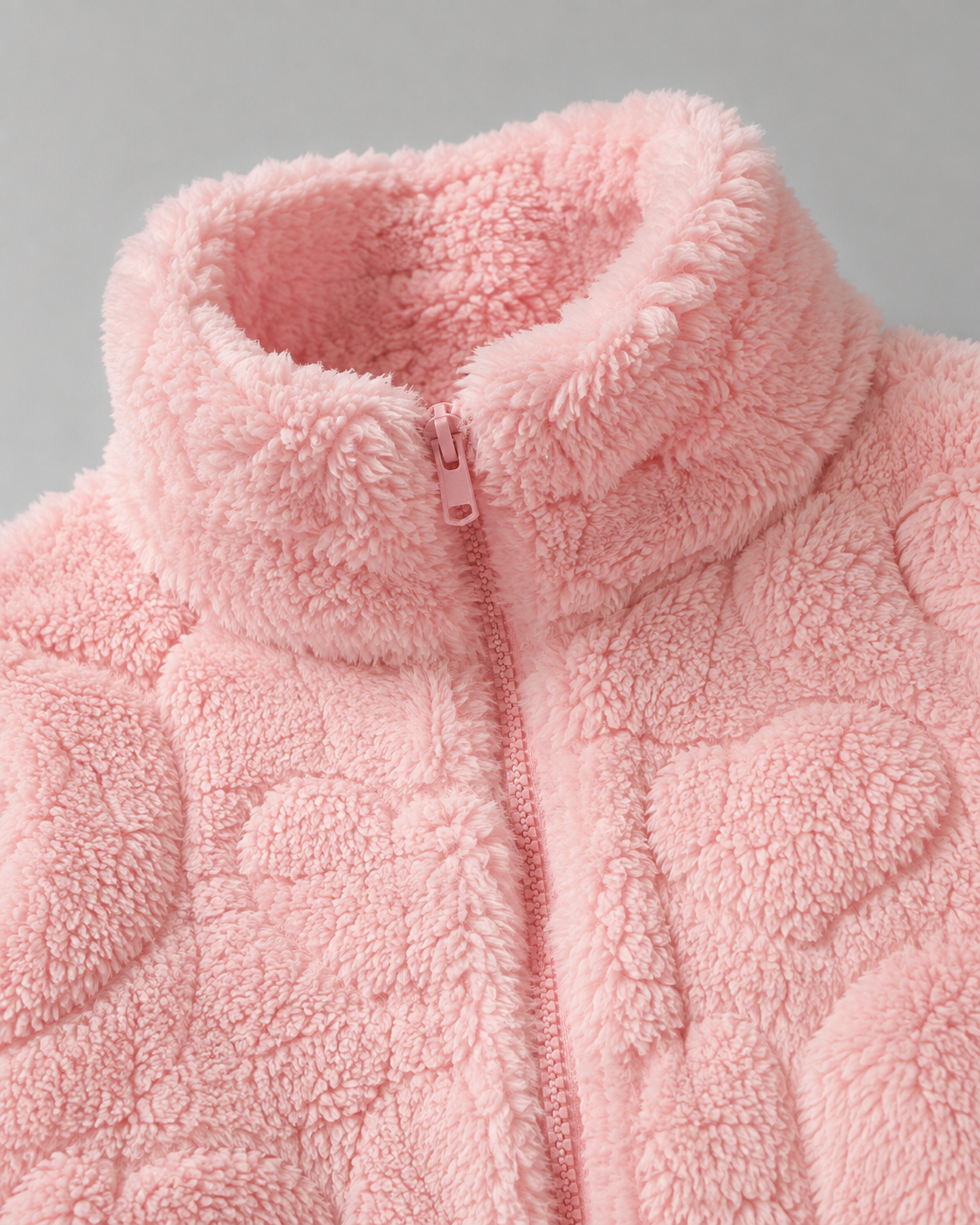 Pink Teddy Fleece Zip Up Jacket with Heart Texture