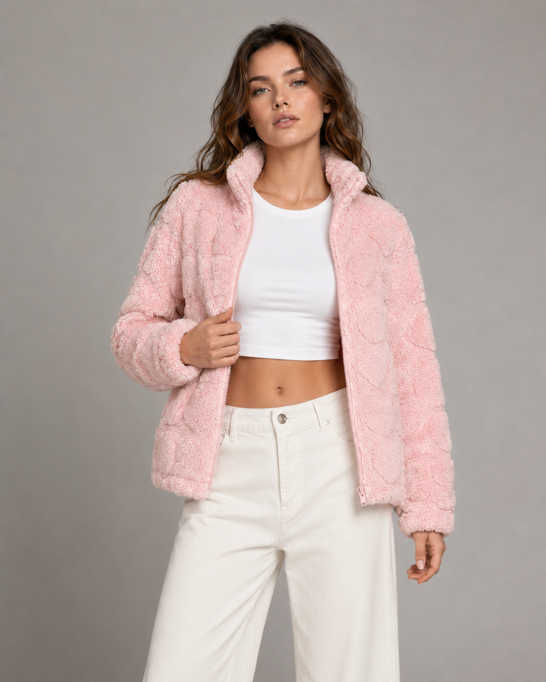 Pink Teddy Fleece Zip Up Jacket with Heart Texture