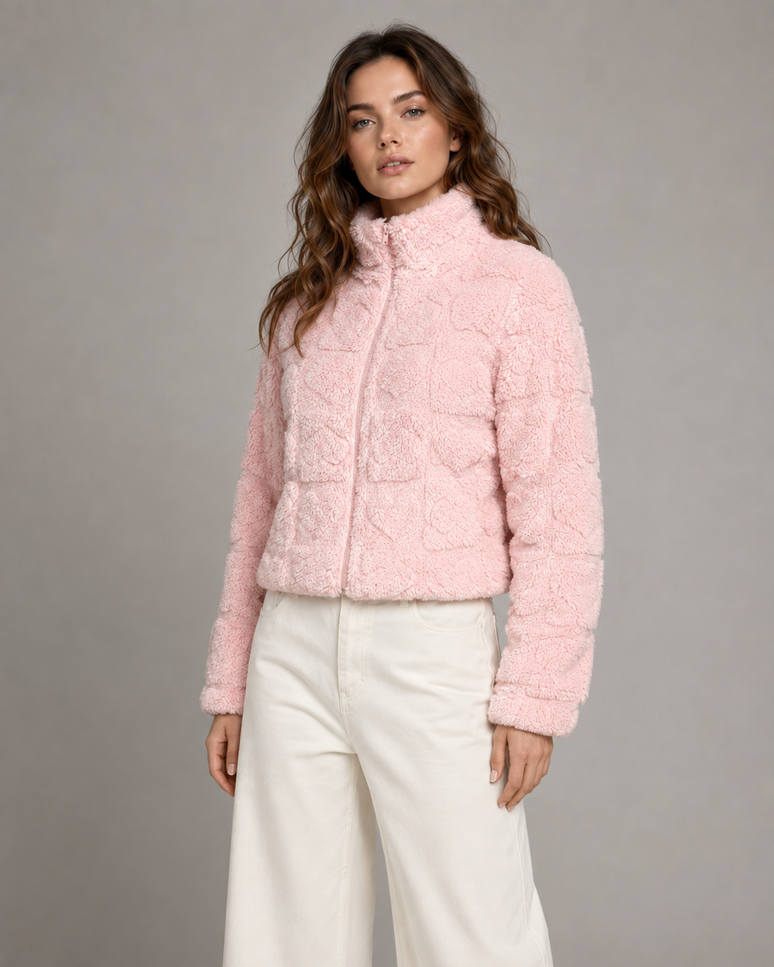 Pink Teddy Fleece Zip Up Jacket with Heart Texture