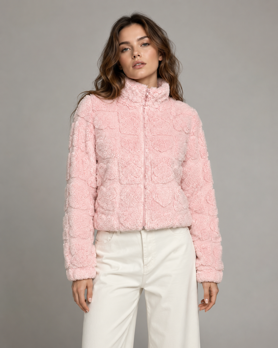 Pink Teddy Fleece Zip Up Jacket with Heart Texture