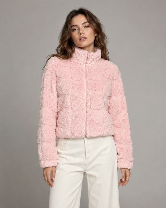 Pink Teddy Fleece Zip Up Jacket with Heart Texture
