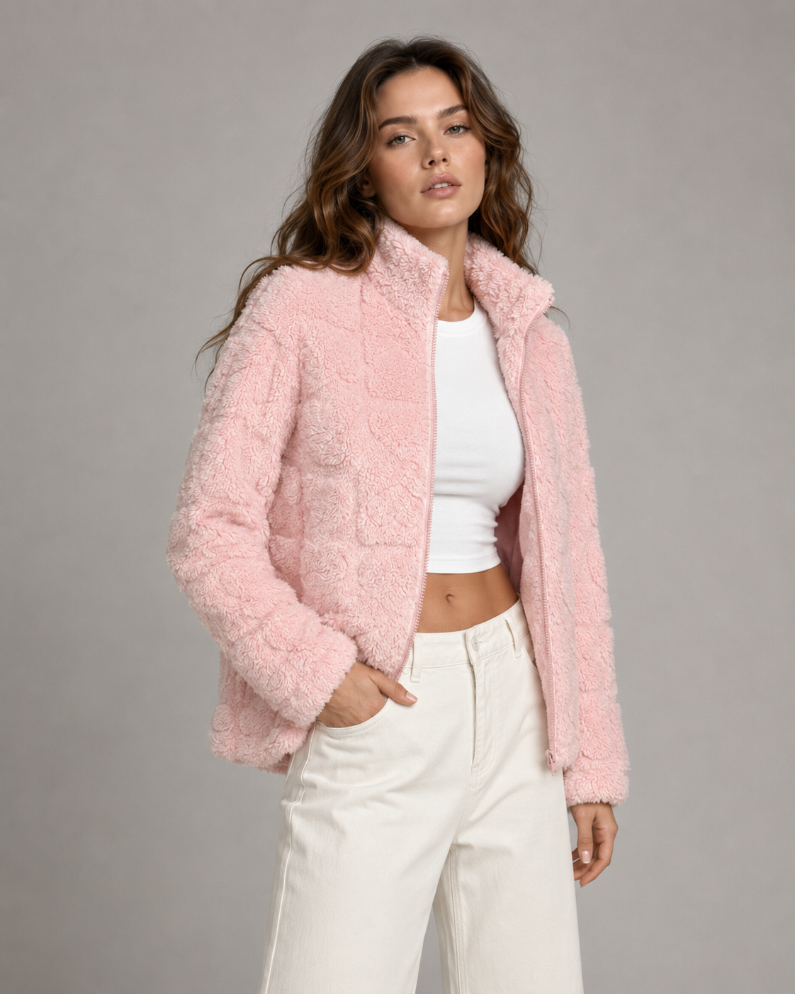 Pink Teddy Fleece Zip Up Jacket with Heart Texture
