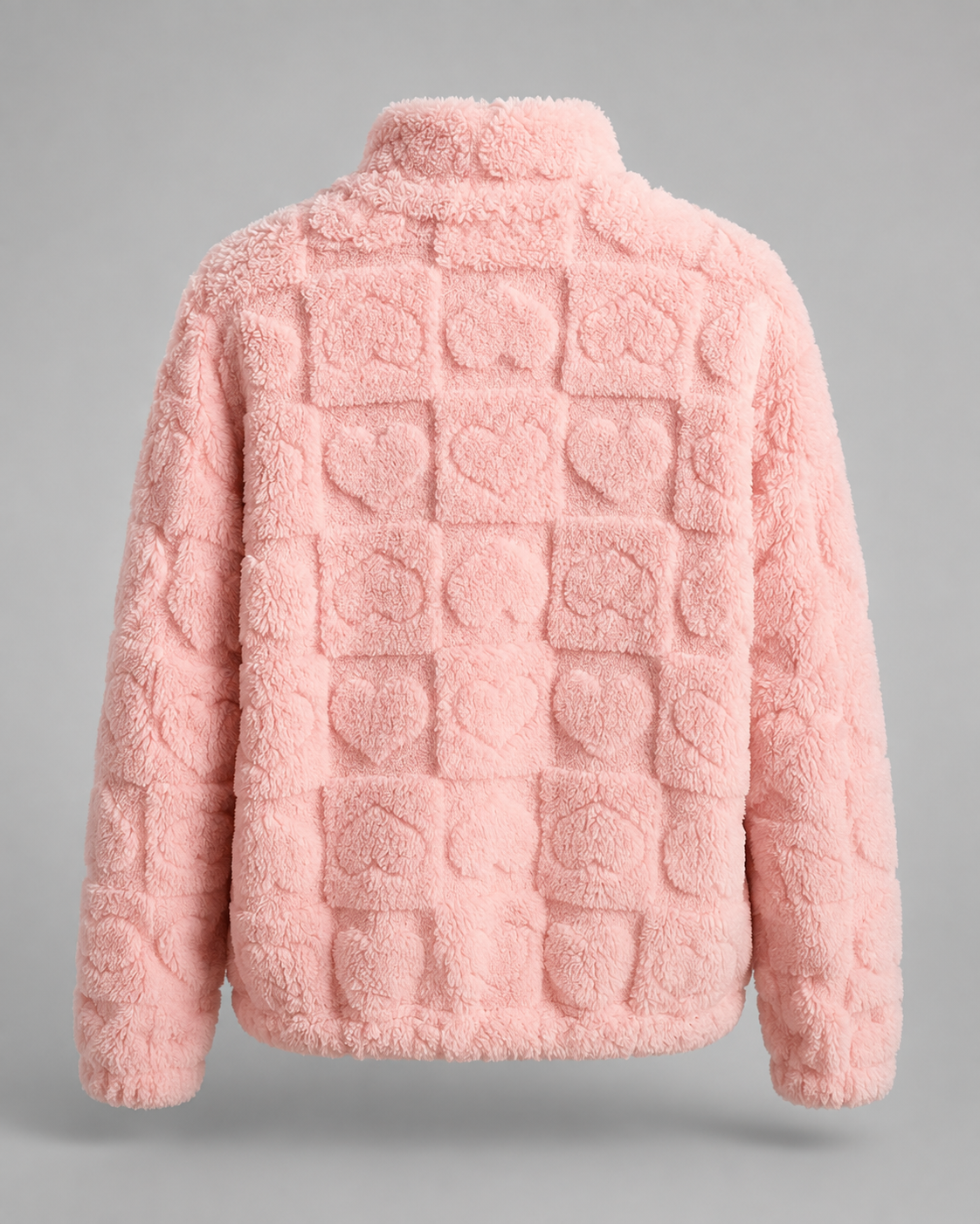 Pink Teddy Fleece Zip Up Jacket with Heart Texture