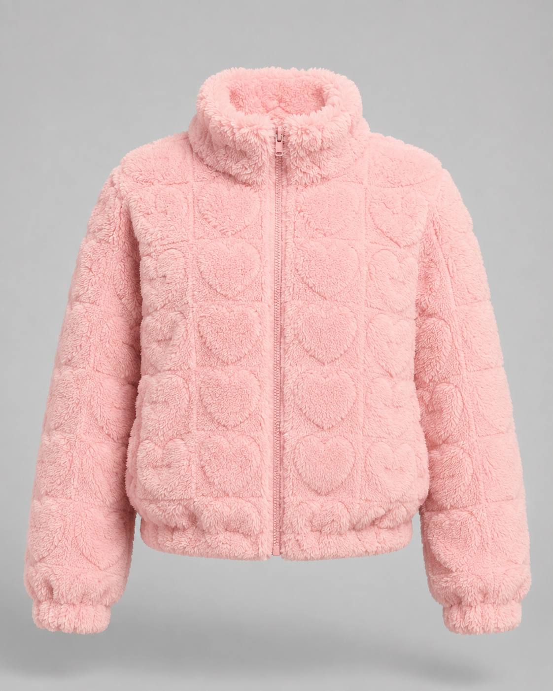 Pink Teddy Fleece Zip Up Jacket with Heart Texture